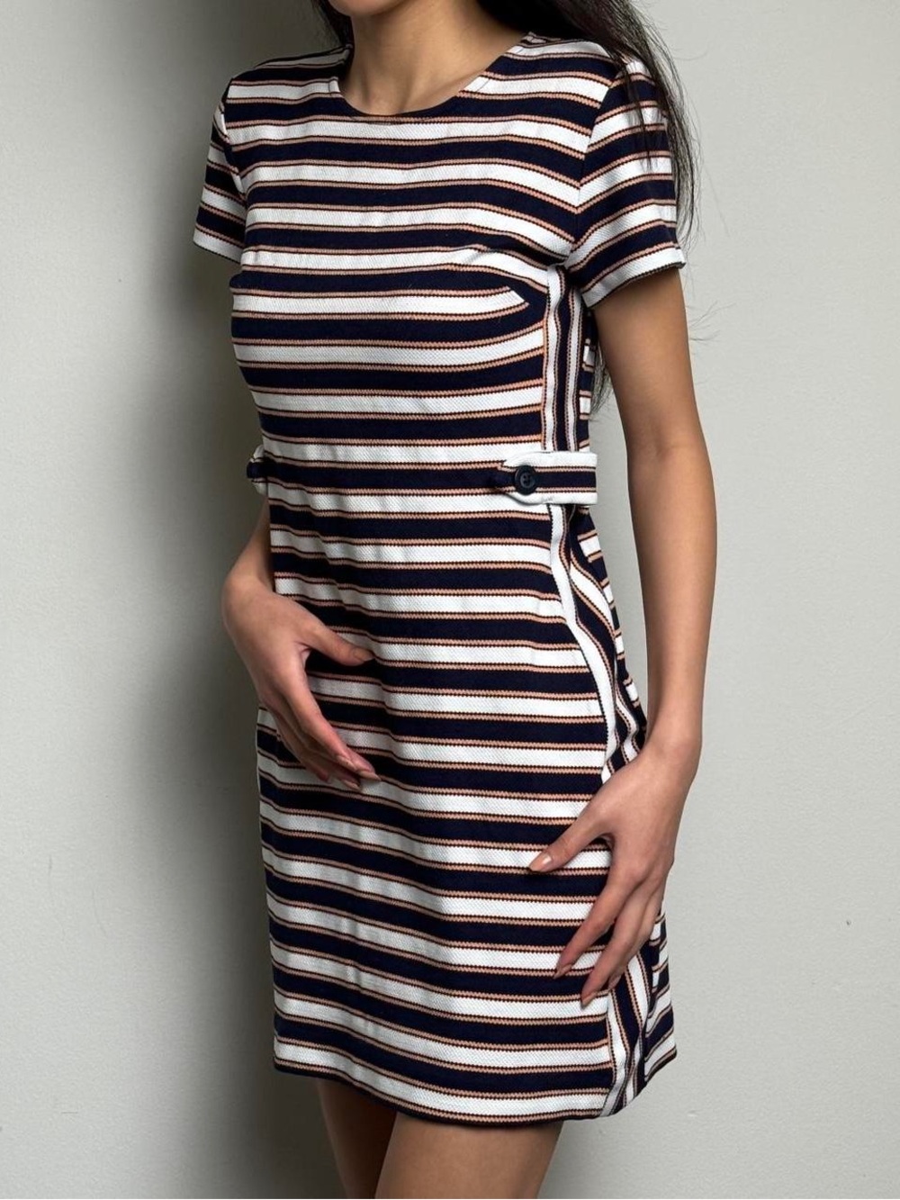Banana Republic Striped Knit Sheath Dress Navy Cream Peach Size 00 Petite